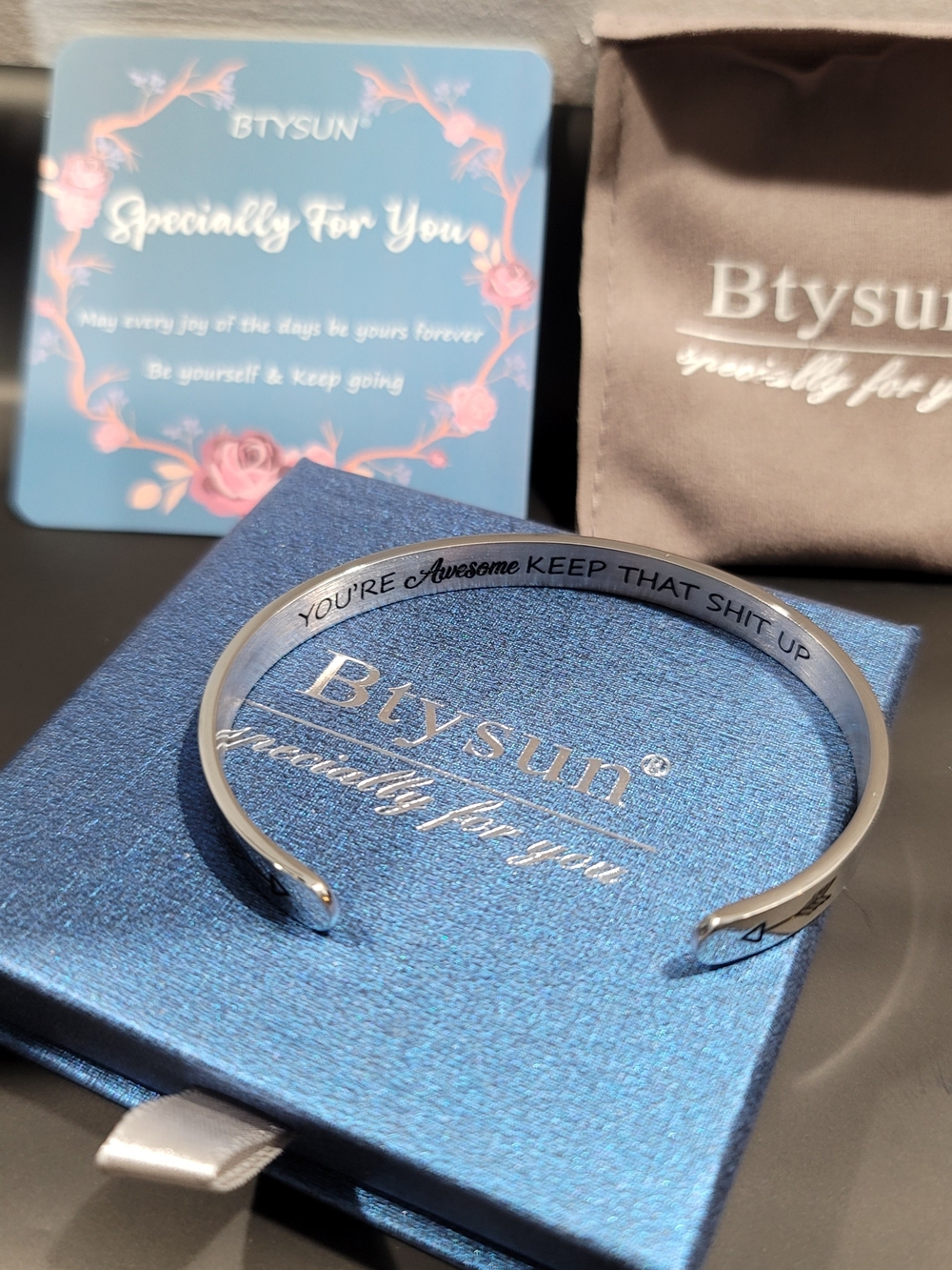 "YOURE AWESOME"Stainless Steel Silver Men's Cuff Bracelet - Inspirational Engrav